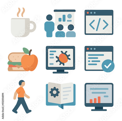 Daily Coding Icons. Flat icon set of daily coding routine: morning coffee, stand-up meeting, code editor