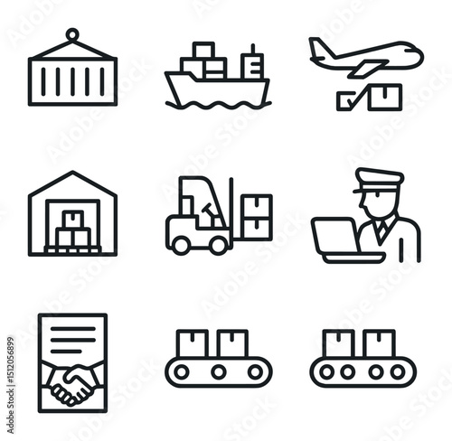 Import_Export Workflow Icons. Outline icon set of import/export workflows: shipping container, cargo ship, airplane freight,