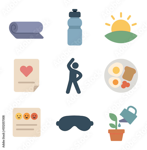 Daily Wellness Icons. Flat icon set of daily wellness rituals: yoga mat, water bottle, morning sunlight,
