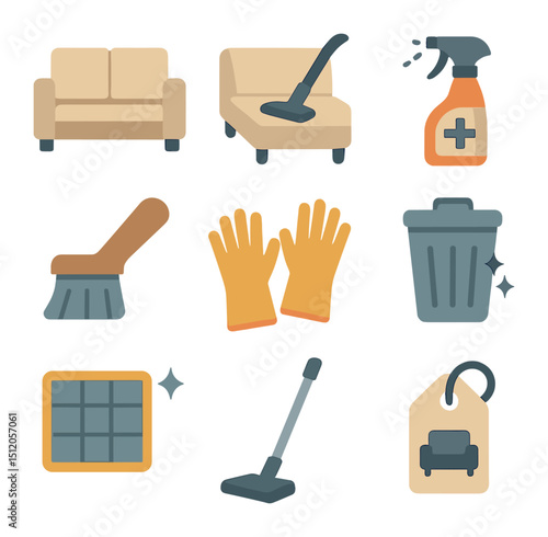 Deep Cleaning Icons. Flat icon set of deep cleaning session: disassembled couch, vacuum under cushions, small