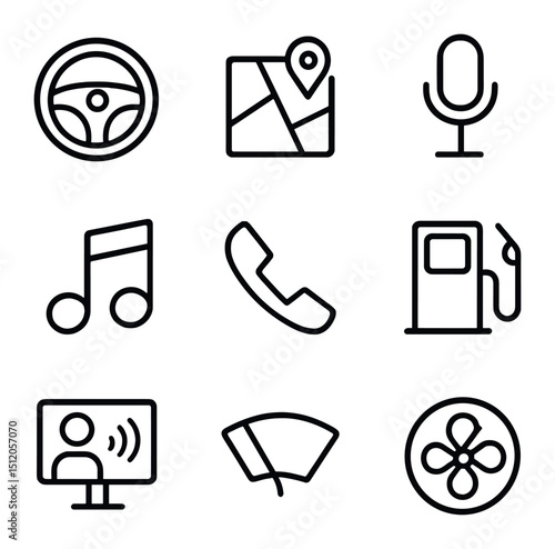 In-Car Voice Assistants Icons. Outline icon set of in-car voice assistants: steering wheel, GPS map, microphone icon, music note,