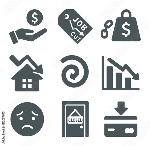 Deflation Risk Icons Grid. Flat icon set of deflationary risks: wage decline icon, job cut tag, debt burden