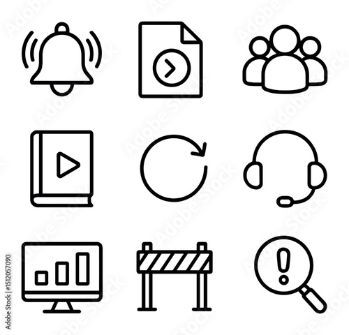 Incident Response Tools Icons. Outline icon set of incident response tools: alert bell, incident ticket, response team, playbook
