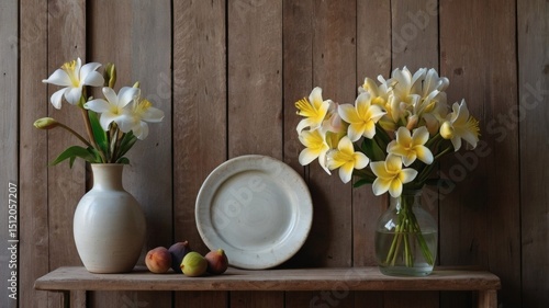 Still Life with Plumeria and Figs on Rustic Wooden Table