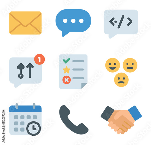 Developer Communication Icons. Flat icon set of developer communication: email envelope, instant message
