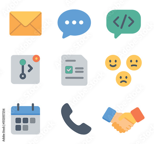 Developer Communication Icons. Flat icon set of developer communication: email envelope, instant message