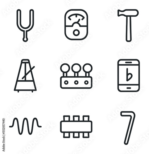 Instrument Tuning Icons. Outline icon set of instrument tuning: tuning fork, guitar tuner, piano tuning hammer, metronome, tuning