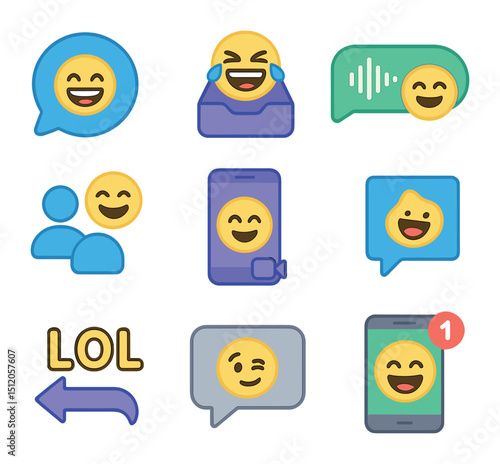 Digital Humor Icons. Flat icon set of humor in digital friendship: chat laugh bubble, meme inbox icon, voice