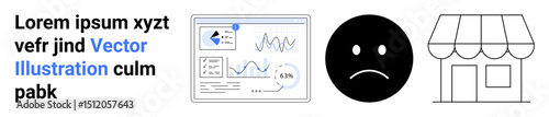 Analytics dashboard with falling graphs, frowning face, small store building. Ideal for business challenges, analytics, retail analysis, downturns, decision-making, financial loss simple landing
