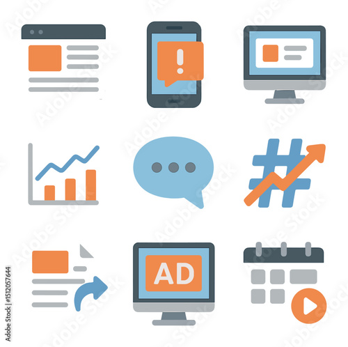 Digital Journalism Icons. Flat icon set of digital journalism platforms: news website layout, mobile news