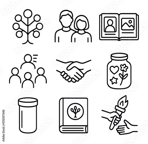Intergenerational Memory Icons. Outline icon set of intergenerational memory exchange: family tree, generations silhouettes, photo