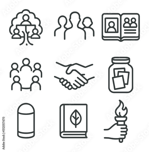 Intergenerational Memory Icons. Outline icon set of intergenerational memory exchange: family tree, generations silhouettes, photo