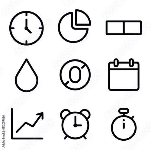 Intermittent Fasting Icons. Outline icon set of intermittent fasting cycles: clock face, fasting window chart, eating window bar,