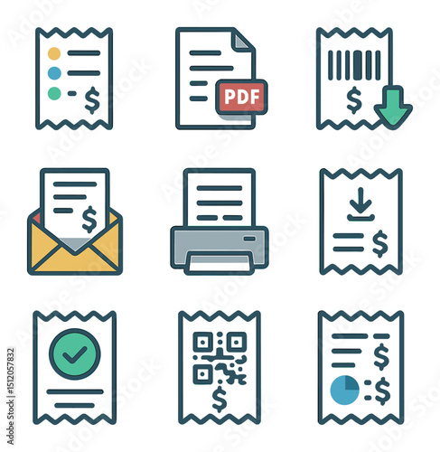 Digital Receipt Icons. Flat icon set of digital receipts and invoices: itemized bill, PDF receipt, scanned