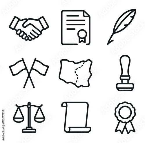 International Boundary Icons. Outline icon set of international boundary treaties: handshake, treaty document, quill pen, seal