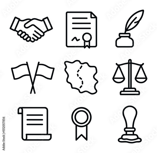 International Boundary Icons. Outline icon set of international boundary treaties: handshake, treaty document, quill pen, seal