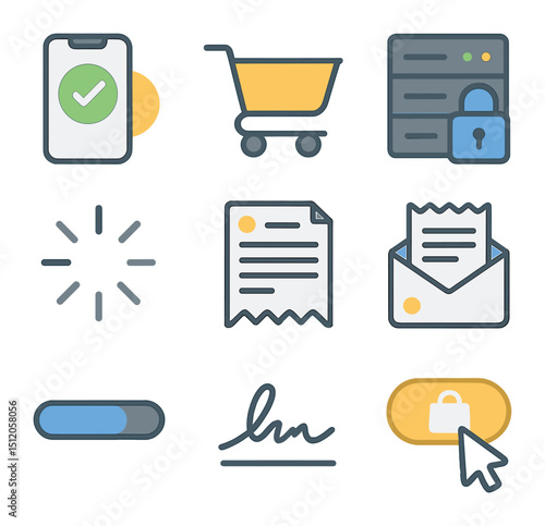 Digital Transaction Icons. Flat icon set of digital transaction process: payment confirmation, shopping cart,