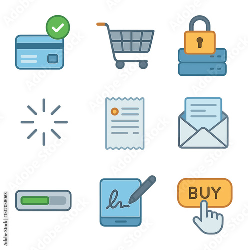 Digital Transaction Icons. Flat icon set of digital transaction process: payment confirmation, shopping cart,