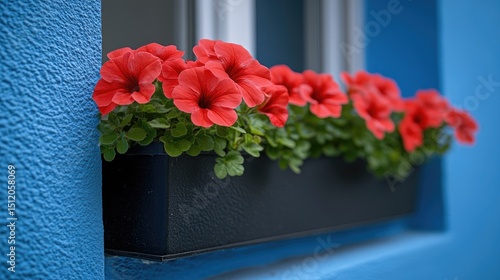 Fototapeta Naklejka Na Ścianę i Meble -  Vibrant red flowers in a window box against a vibrant blue wall.