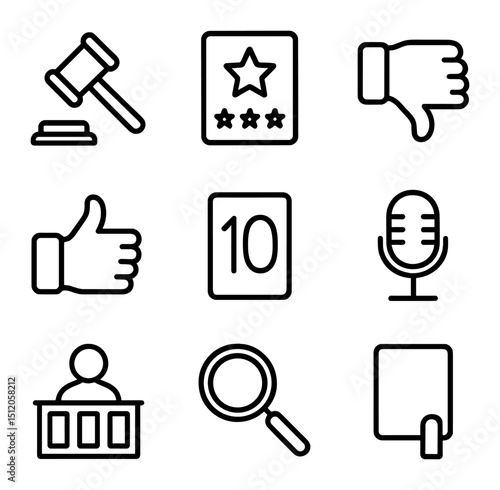 Judges' Icon Set. Outline icon set of judges’ critique panels: gavel, star rating card, thumbs down, thumbs up, scorecard,