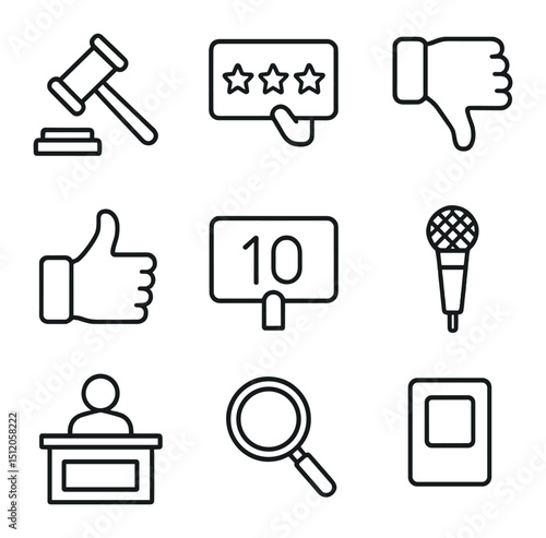 Judges' Icon Set. Outline icon set of judges’ critique panels: gavel, star rating card, thumbs down, thumbs up, scorecard,