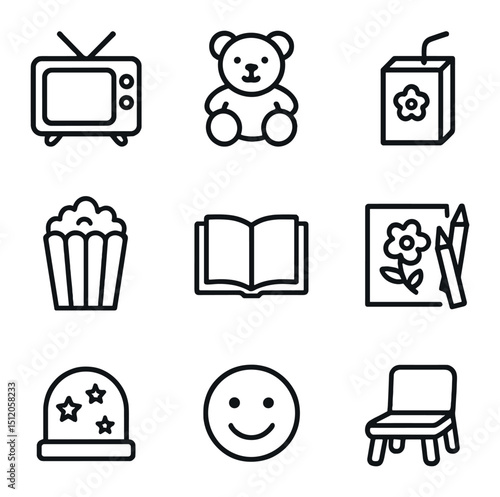 Kids Movie Night Icons. Outline icon set of kids movie time: cartoon TV, stuffed animal, juice box, kid’s popcorn, storybook,