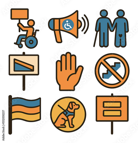 Disability Rights Icons. Flat icon set of disability rights protests: wheelchair protest icon, accessibility
