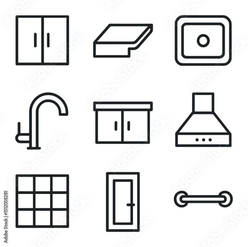 Kitchen Remodel Icons. Outline icon set of kitchen remodel: kitchen cabinet, countertop, sink, faucet, island, range hood,