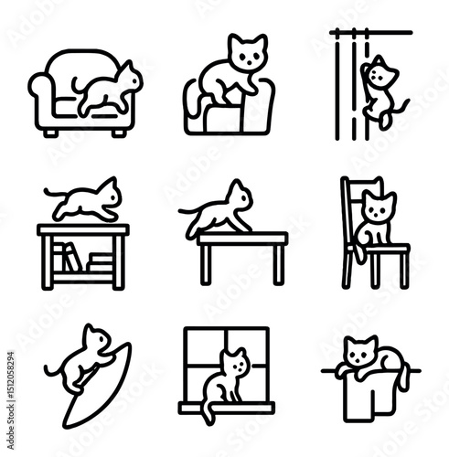 Kitten Climbing Icons. Outline icon set of kitten climbing furniture: sofa climb, armrest perch, curtain scramble, bookshelf hop,
