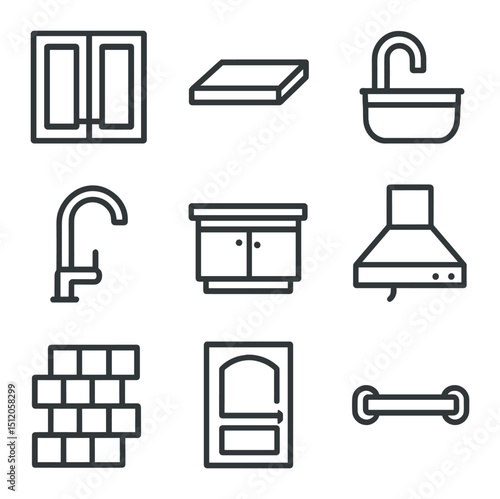 Kitchen Remodel Icons. Outline icon set of kitchen remodel: kitchen cabinet, countertop, sink, faucet, island, range hood,