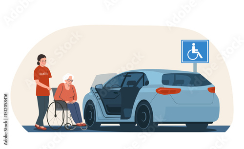 Young female volunteer helps an elderly woman in a wheelchair into a car. Vector illustration.