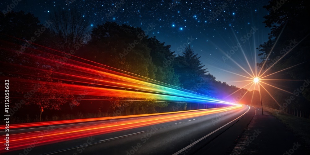 Obraz premium Night Road Streaks Starry Sky, Colorful Light Trails, Speed , motion blur