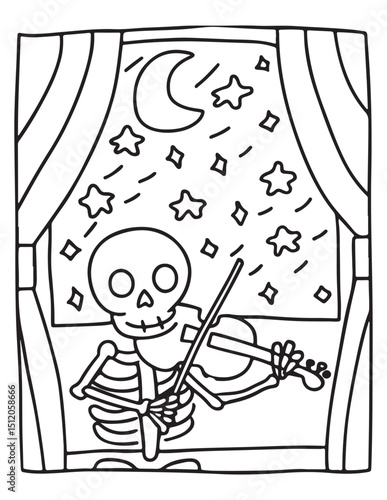 Melody of the Night: A whimsical, hand-drawn illustration shows a skeletal figure serenading beneath a starry sky, evoking the magic of music and mystery.