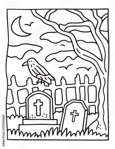 Spooky Cemetery: A sketched illustration of a haunting graveyard scene at night, a single crow perches atop a fence, silhouetted against the moon, set the atmosphere of mystery and fear.