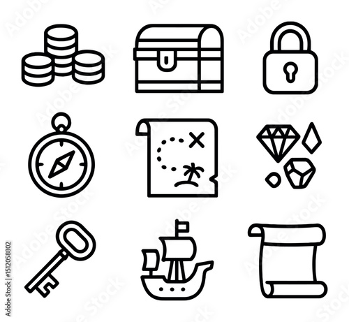Lost Treasure Icons. Outline icon set of lost treasures: gold coins, treasure chest, lock, compass, map, jewels, key, pirate ship,