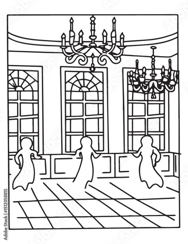 Elegant Ball in the Grand Hall: A refined, black-and-white illustration depicts a ball scene inside a stately hall, the scene is enhanced by three dancers gliding beneath ornate chandeliers. 