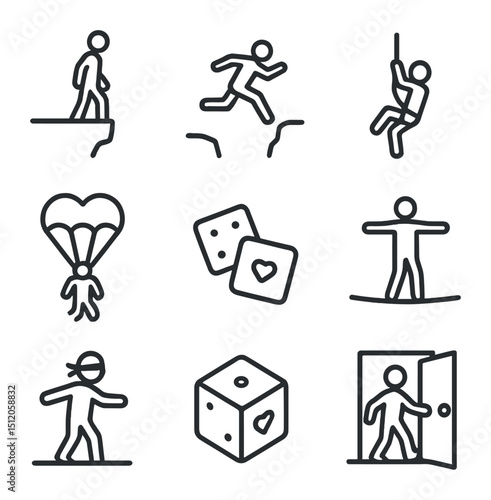 Love Risk Icons. Outline icon set of taking risks in love: cliff edge, leap silhouette, safety rope, parachute heart, dice roll,