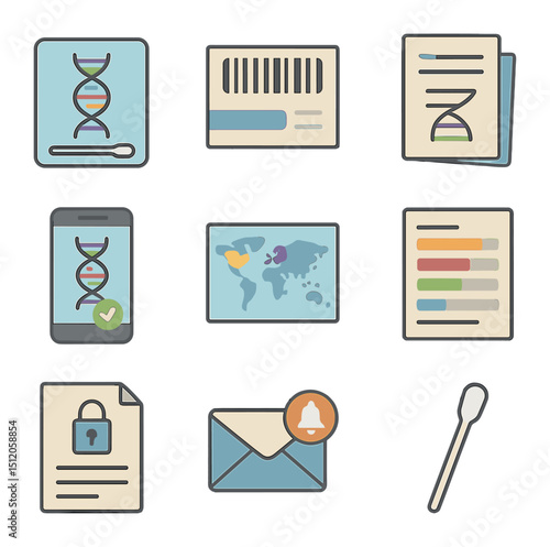 DNA Testing Icons. Flat icon set of direct-to-consumer DNA testing: at-home test kit, barcode return envelope,