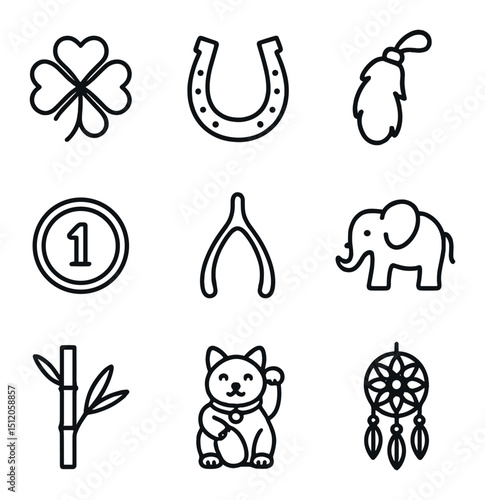 Luck Icon Collection. Outline icon set of good luck charms: four-leaf clover, horseshoe, rabbit foot, lucky penny, wishbone,