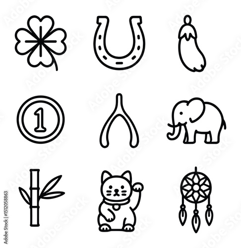 Luck Icon Collection. Outline icon set of good luck charms: four-leaf clover, horseshoe, rabbit foot, lucky penny, wishbone,