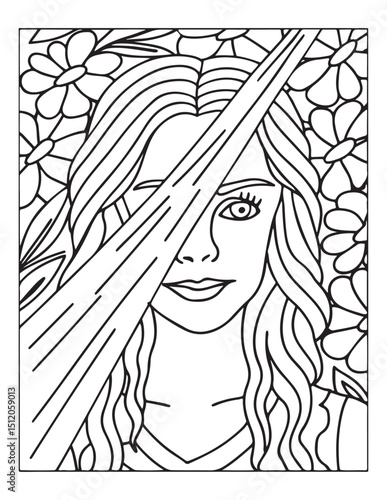 Hidden Beauty: An artful black-and-white line illustration showcases a captivating portrait of a woman, her features partially concealed by a stylish geometric pattern.