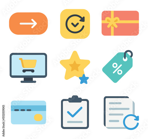 E-Commerce Icon Set. Flat icon set of e-commerce payment options: pay now button, buy now pay later, gift card