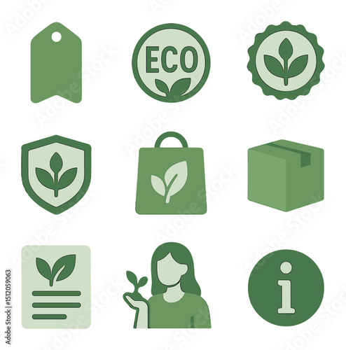 Eco Branding Icons. Flat icon set of eco-focused branding: green label, eco-certified logo, sustainability
