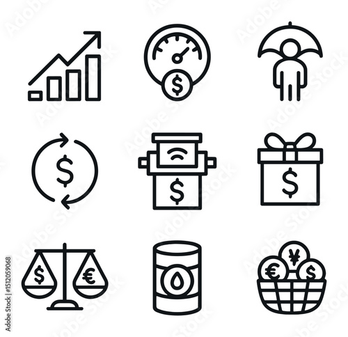 Macroeconomic Icon Set. Outline icon set of macroeconomic factors: GDP growth arrow, inflation gauge, unemployment rate, money