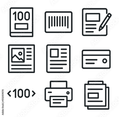 Magazine Icon Set. Outline icon set of hundredth magazine issue: magazine cover, barcode, editor’s note, photo layout, article