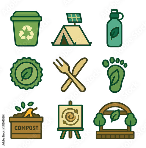 Eco Festival Icons. Flat icon set of eco-conscious festivals: recycling bin icon, solar tent, refillable