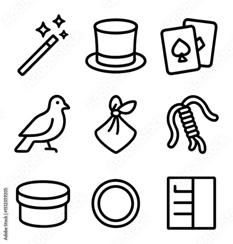 Magic Icons Set. Outline icon set of magic props: magic wand, top hat, playing cards, dove, silk scarf, rope, hat box, coin,