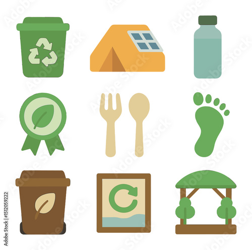 Eco Festival Icons. Flat icon set of eco-conscious festivals: recycling bin icon, solar tent, refillable