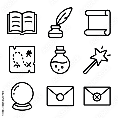 Magical Storybook Icons. Outline icon set of magical storybook items: open book, quill pen, inkpot, parchment scroll, treasure map