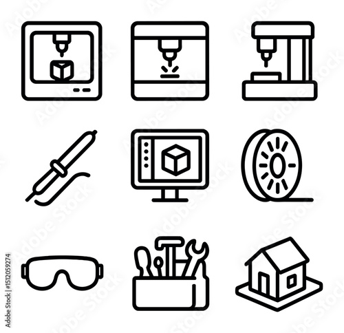 Maker Space Tool Icons. Outline icon set of maker space tools: 3D printer, laser cutter, CNC mill, soldering iron, design software
